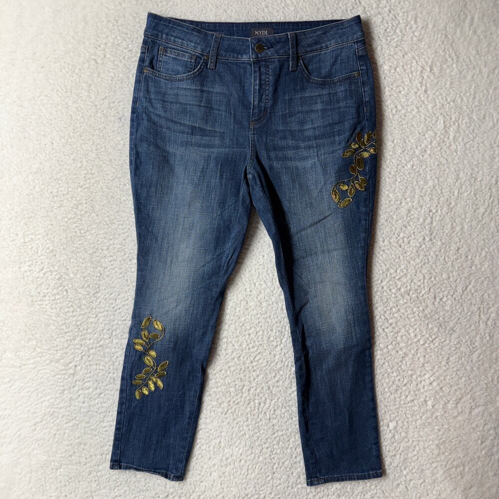NYDJ Womens Size 12P Alina Legging Gold Embroidered Lift Tuck Stretch Denim Blue